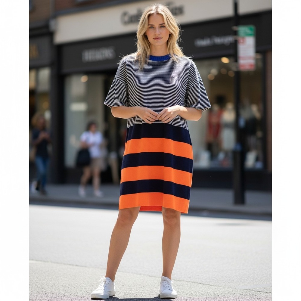 Cedric‎ Charlier Virgin Wool Striped Knit Dress Blue Orange Black White Size 12